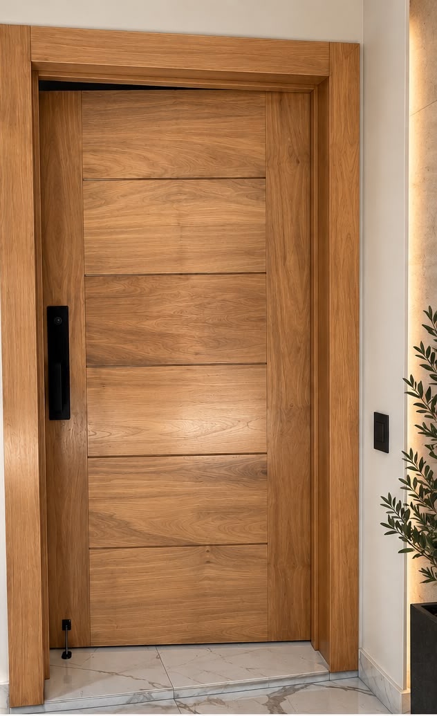 Puerta de madera Roble Andino fabricada por RI Aluminum