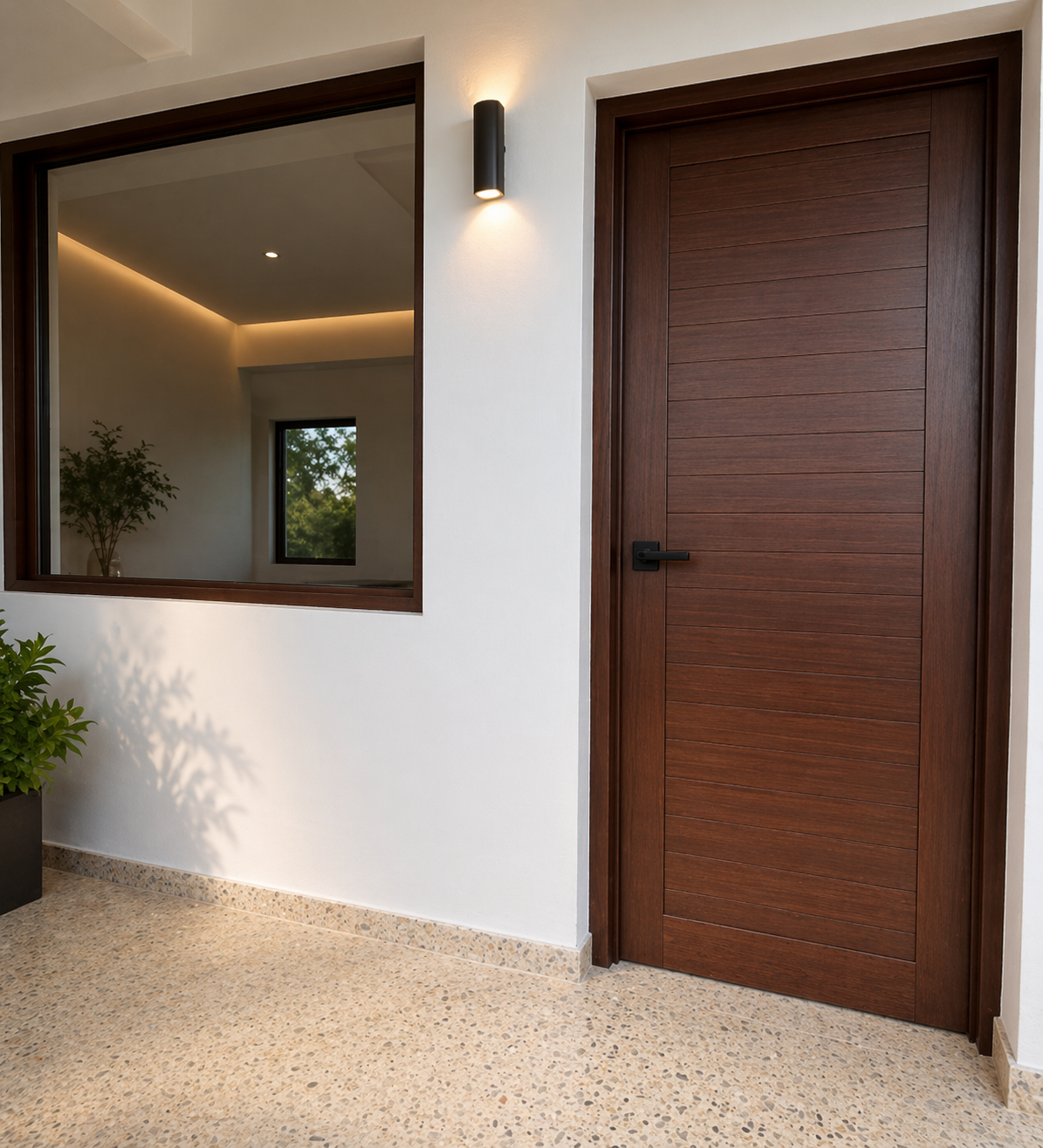 Puerta de aluminio con acabado tipo madera instalada por RI Aluminum